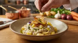 Impiattamento gourmet di pasta e patate con crema, fiori edibili e chips croccanti