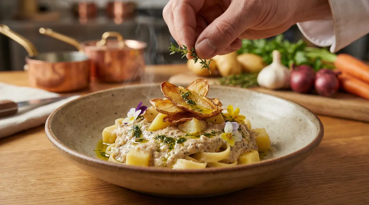 Impiattamento gourmet di pasta e patate con crema, fiori edibili e chips croccanti