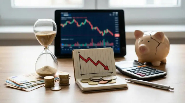Salvadanaio rotto, grafico in calo, clessidra e monete su un tavolo con sfondo finanziario