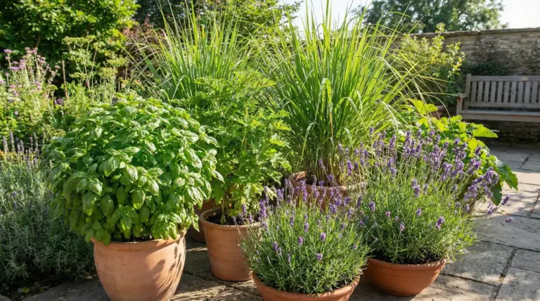 Vasi di piante aromatiche e antizanzare in un giardino assolato