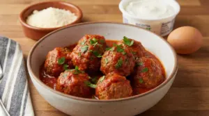 Polpette al sugo servite in una ciotola con formaggio, ricotta e un uovo sullo sfondo
