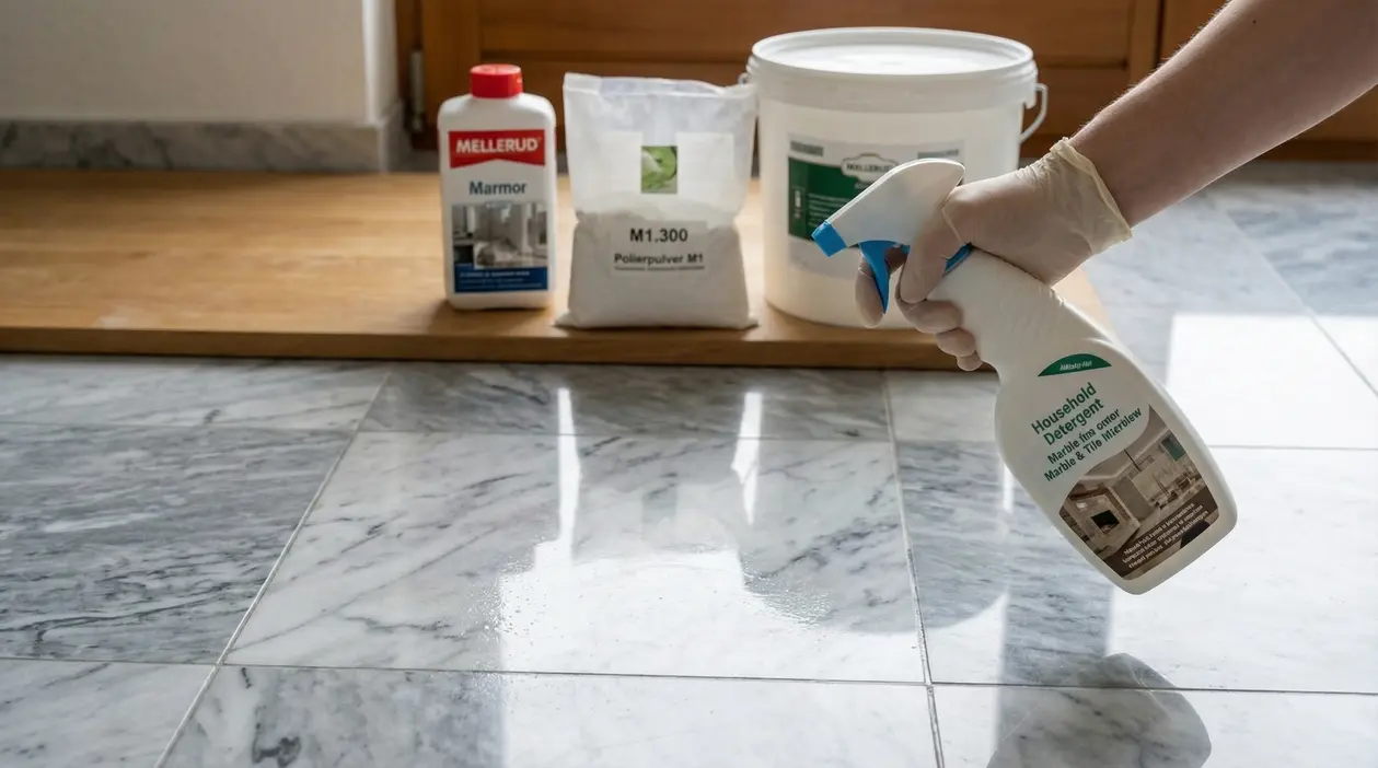 Una mano con guanto spruzza un detergente su pavimento in marmo lucido con prodotti per la pulizia sullo sfondo