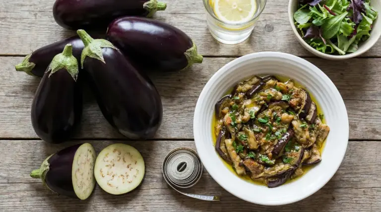 Melanzane intere e affettate accanto a un piatto di melanzane cotte con verdure su tavolo rustico