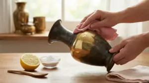Mani puliscono un vaso di ottone annerito con un panno, limone e bicarbonato sul tavolo