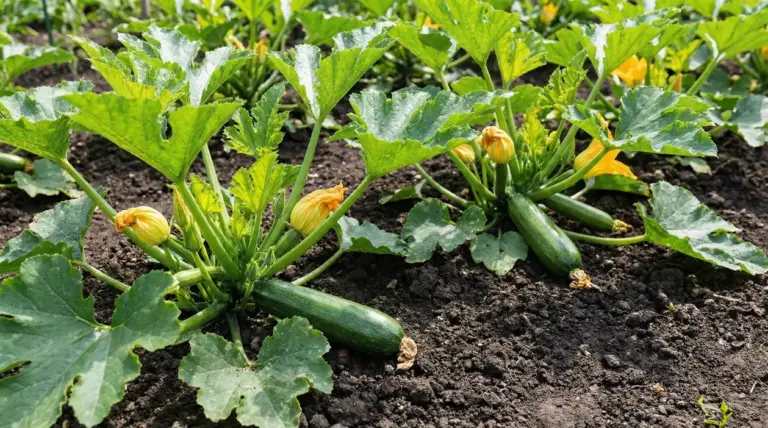 Piante di zucchine crescono in un orto con frutti maturi e fiori gialli
