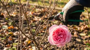 Mano con guanto pota un ramo di rosa con una grande rosa rosa in primo piano