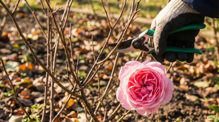 Mano con guanto pota un ramo di rosa con una grande rosa rosa in primo piano
