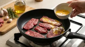 Fettine di carne cruda in padella con condimento versato da una ciotola