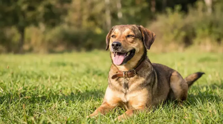 Cane sdraiato sull'erba che sembra felice e rilassato in un prato