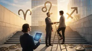 Tre persone in abiti formali in un ambiente urbano con simboli zodiacali Ariete, Leone e Sagittario