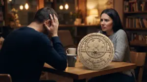 Due persone sedute a un tavolo in un contesto emotivo con un oggetto astrologico al centro