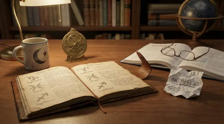 Tavolo con libro di astrologia aperto, mappa stellare e foglio con la scritta 'Incompreso'