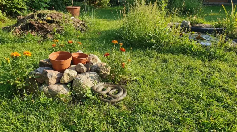 Serpente arrotolato nell'erba vicino a vasi e fiori in un giardino soleggiato