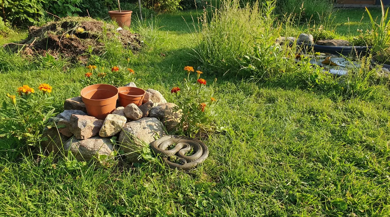Serpente arrotolato nell'erba vicino a vasi e fiori in un giardino soleggiato