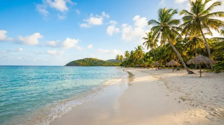 Spiaggia tropicale con sabbia bianca, palme e mare calmo in una giornata soleggiata