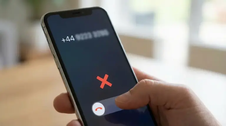 Persona rifiuta una chiamata su smartphone da numero con prefisso +44