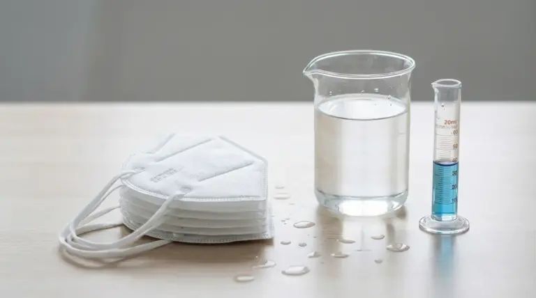 Mascherine FFP2 su un tavolo accanto a un bicchiere d'acqua e un cilindro graduato