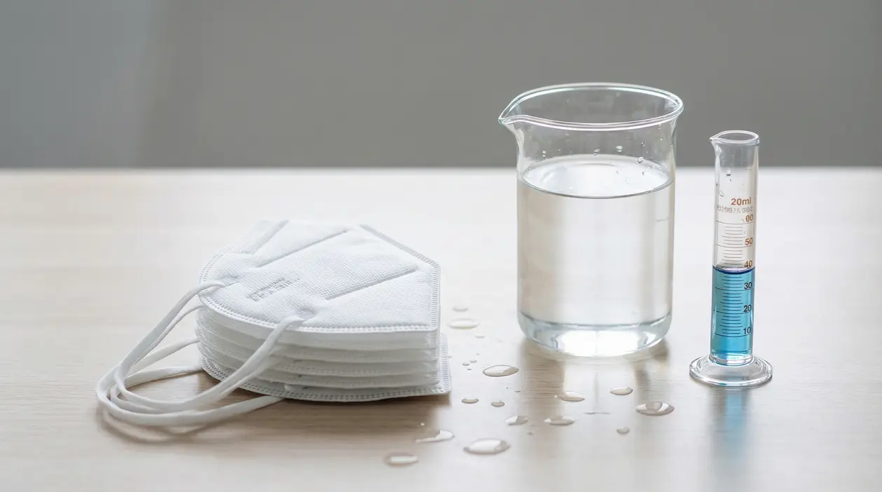 Mascherine FFP2 su un tavolo accanto a un bicchiere d'acqua e un cilindro graduato