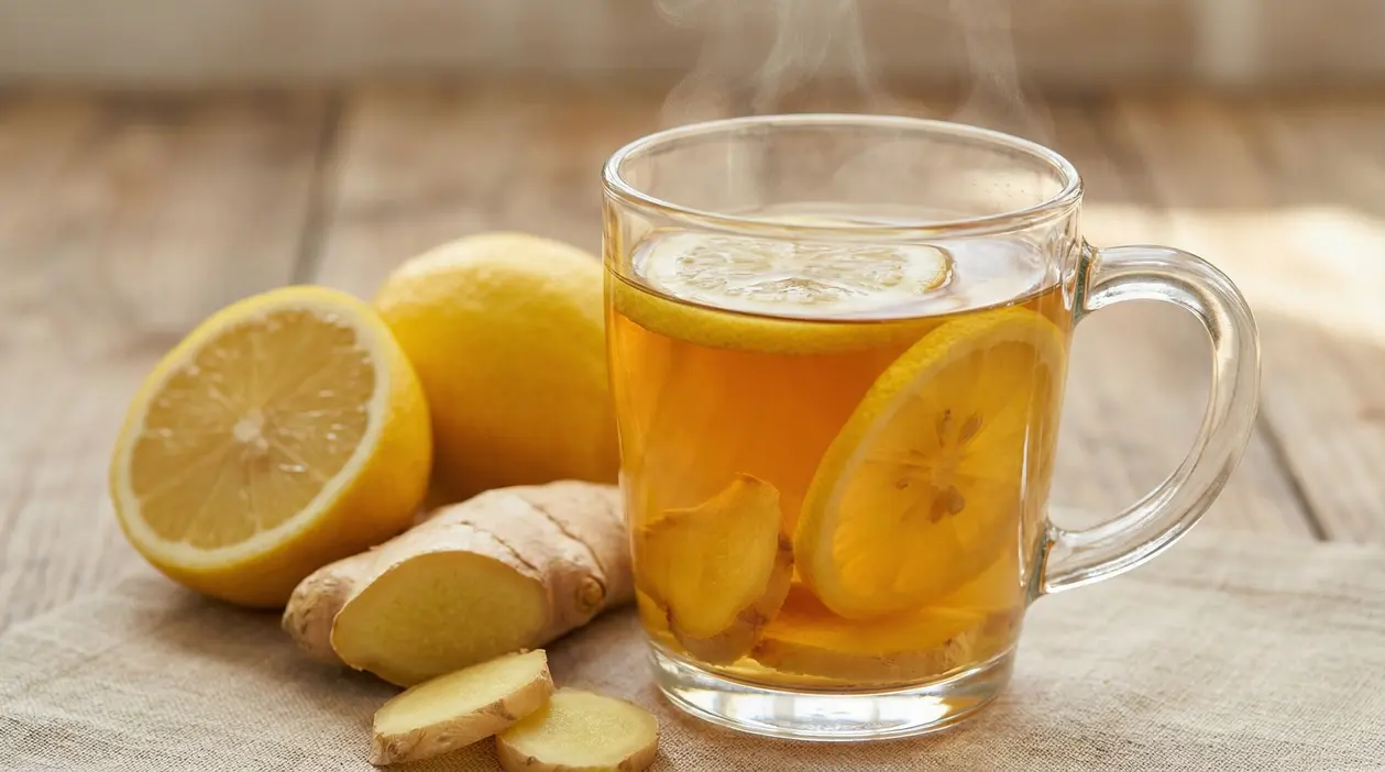 Tisana calda allo zenzero e limone con fettine fresche su un tavolo di legno