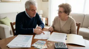 Due persone anziane consultano documenti pensionistici con soldi e calcolatrice sul tavolo