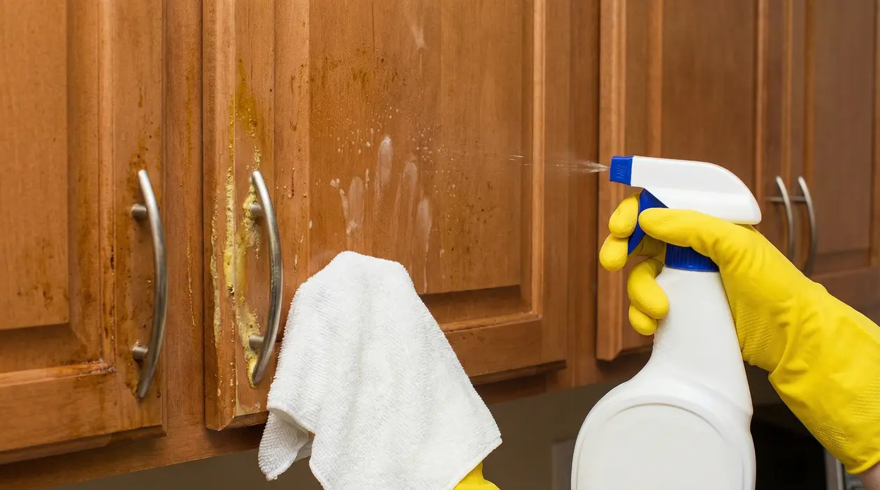 Pulizia di mobili della cucina in legno con spray sgrassatore e panno bianco