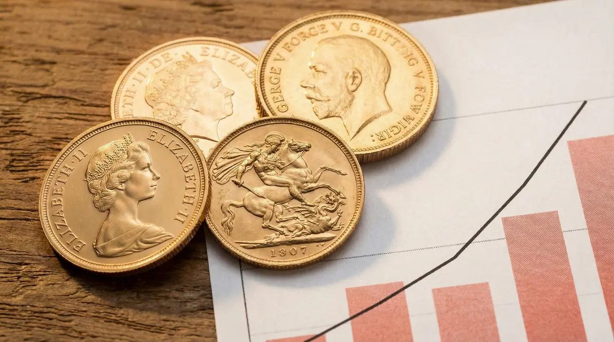 Sterline d'oro disposte su un grafico con andamento rialzista