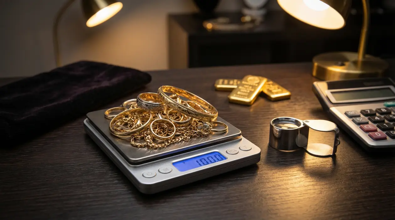 Gioielli in oro su una bilancia digitale con lingotti, lente e calcolatrice su un tavolo